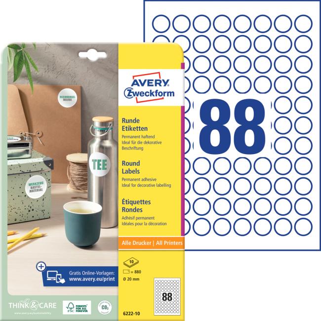 [AV622210] Universelle runde Etiketten 20 mm, Avery A4, 10 Blatt