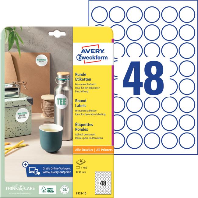 Universelle runde Etiketten 30 mm, Avery A4, 10 Blatt