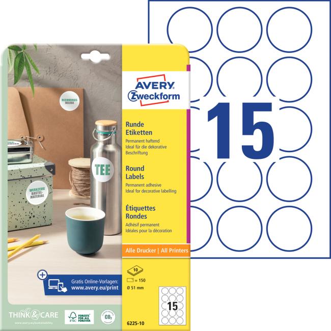 [AV622510] Universelle runde Etiketten 51 mm, Avery A4, 10 Blatt