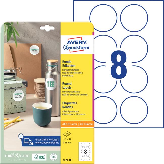[AV622710] Universelle runde Etiketten 65 mm, Avery A4, 10 Blatt