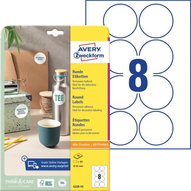 [AV622810] Universelle runde Etiketten 69 mm, Avery A4, 10 Blatt