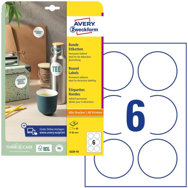 [AV622910] Universelle runde Etiketten 80 mm, Avery A4, 10 Blatt