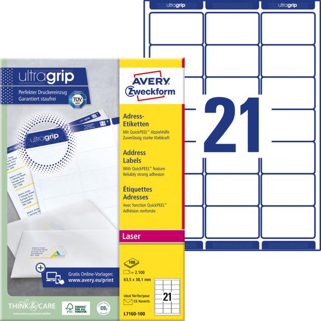 [AV716010] Adressetiketten 63,5 x 38,1 mm, Avery A4, 100 Blatt, Laserdruck