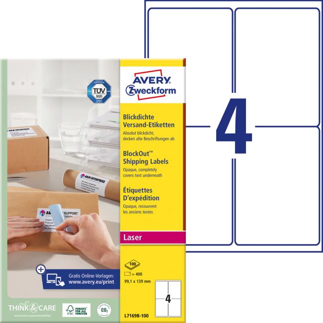Versandetiketten 99,1 x 139 mm, Avery A4, 100 Blatt, Laserdruck