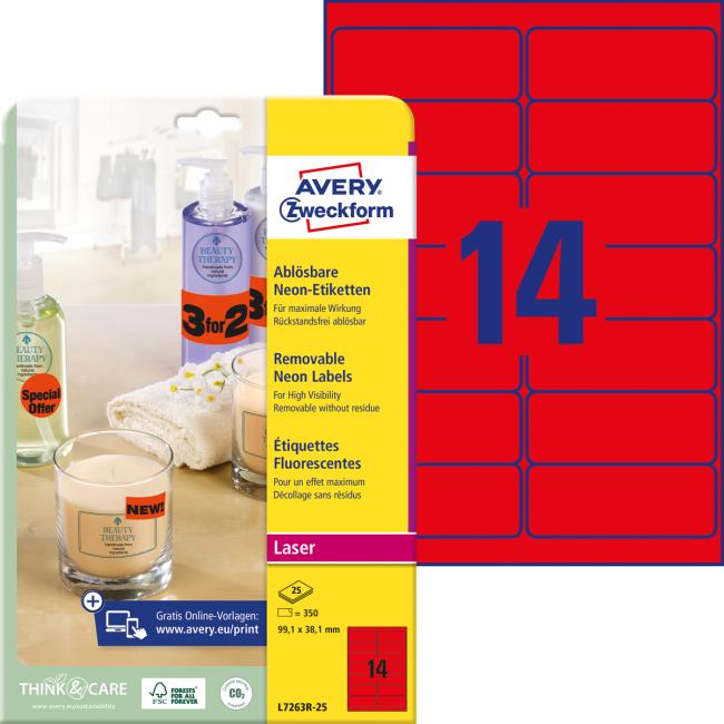 [AV726325] Avery-Etiketten, ablösbar, 99,1 x 38,1 mm, neonrot