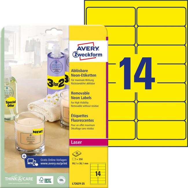 [AV726425] Avery-Etiketten, ablösbar, 99,1 x 38,1 mm, neongelb