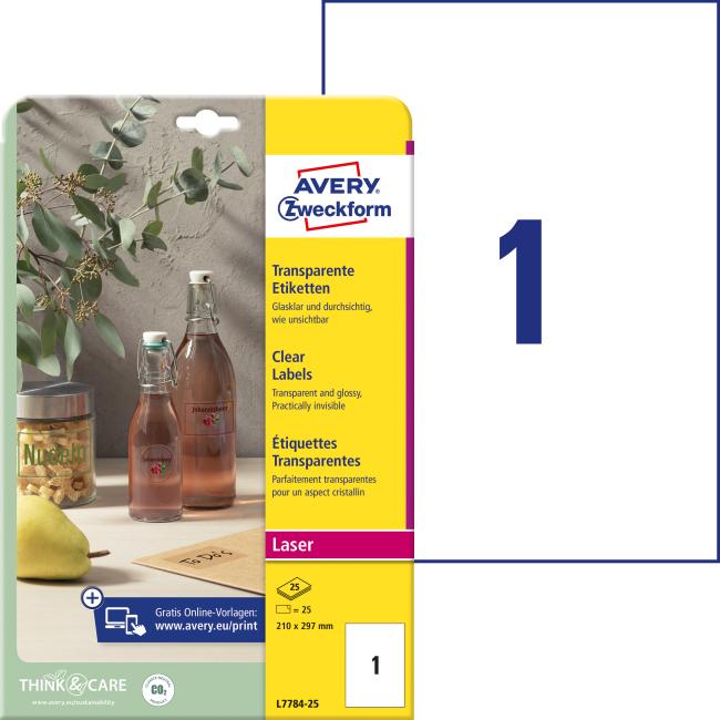 Polyesteretiketten, sehr strapazierfähig, 210 x 297 mm, Avery A4, 25 Blatt, transparent
