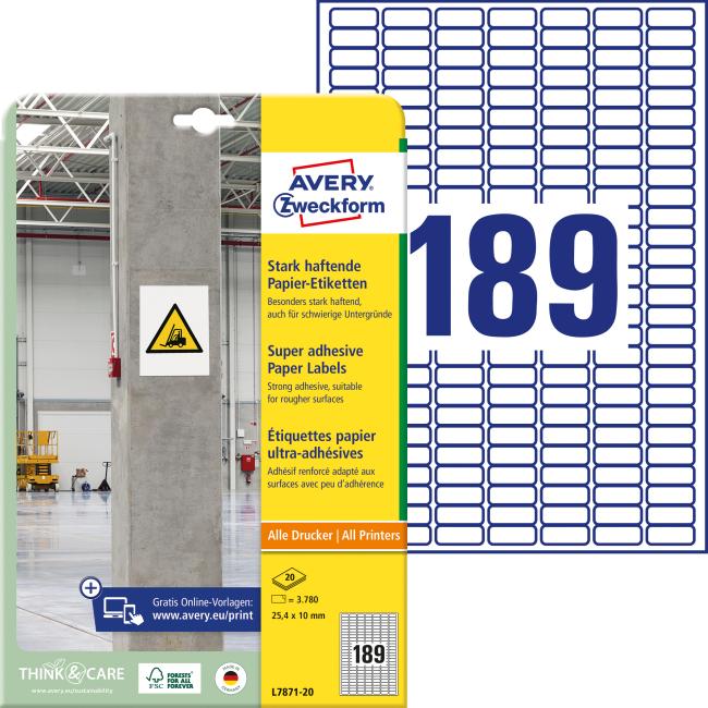 [AV787120] Universal-Etiketten 25,4 x 10 mm Avery A4, stark klebend, 20 Blatt