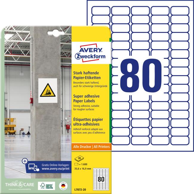 [AV787220] Universal-Etiketten 35,6 x 16,9 mm Avery A4, stark klebend, 20 Blatt