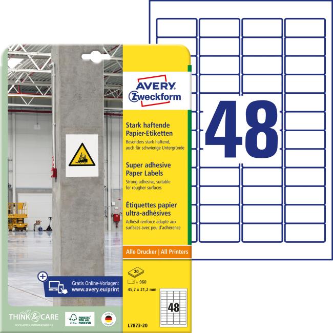 Universal-Etiketten 45,7 x 21,2 mm Avery A4, stark klebend, 20 Blatt
