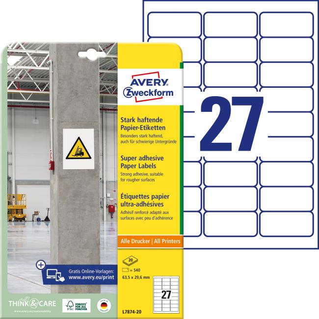 [AV787420] Universal-Etiketten 63,5 x 29,6 mm Avery A4, stark klebend, 20 Blatt