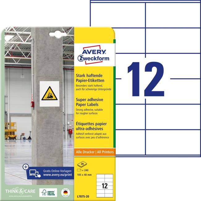 Universal-Etiketten 105 x 48 mm Avery A4, stark klebend, 20 Blatt