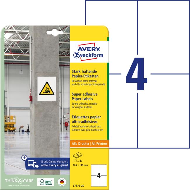 [AV787620] Universal-Etiketten 105 x 148 mm Avery A4, stark klebend, 20 Blatt