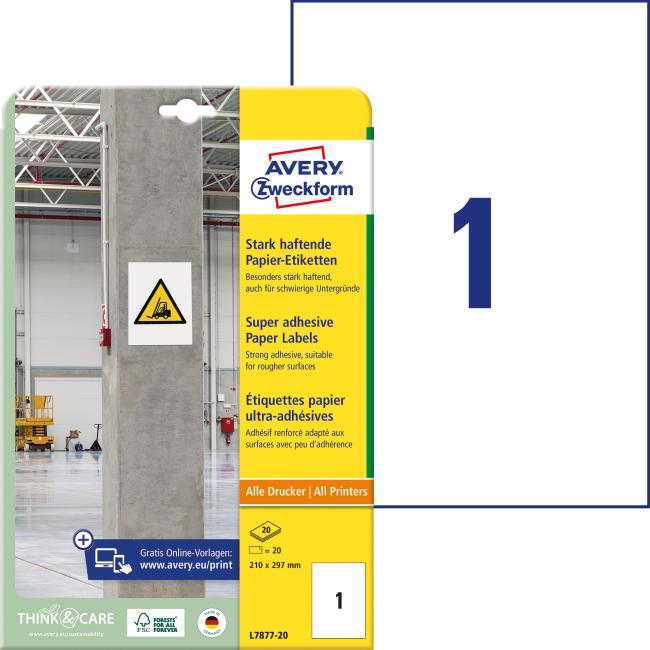 Universal-Etiketten 210 x 297 mm Avery A4, stark klebend, 20 Blatt