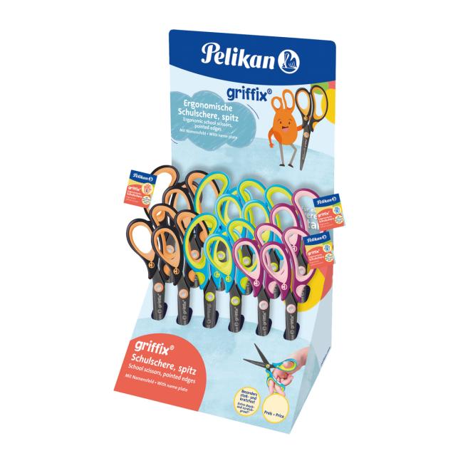 Pelikan Griffix Scheren-Display, 12-teilig, verschiedene Farben, 4 Stück für Linkshänder, 8 Stück für Rechtshänder