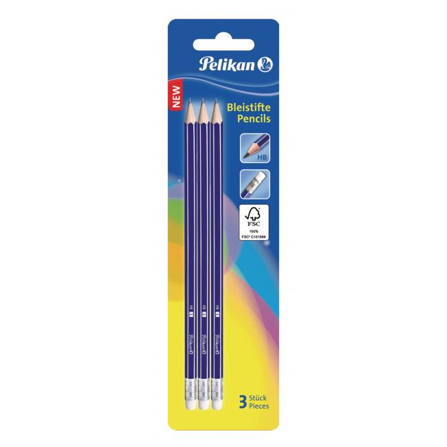 Pelikan HB Bleistift mit Radiergummi, 3 Stück in Blisterverpackung