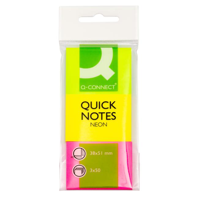 Selbstklebender Notizblock Q-CONNECT 51 x 38 mm, grün, pink, gelb, 3 Blöcke à 50 Blatt