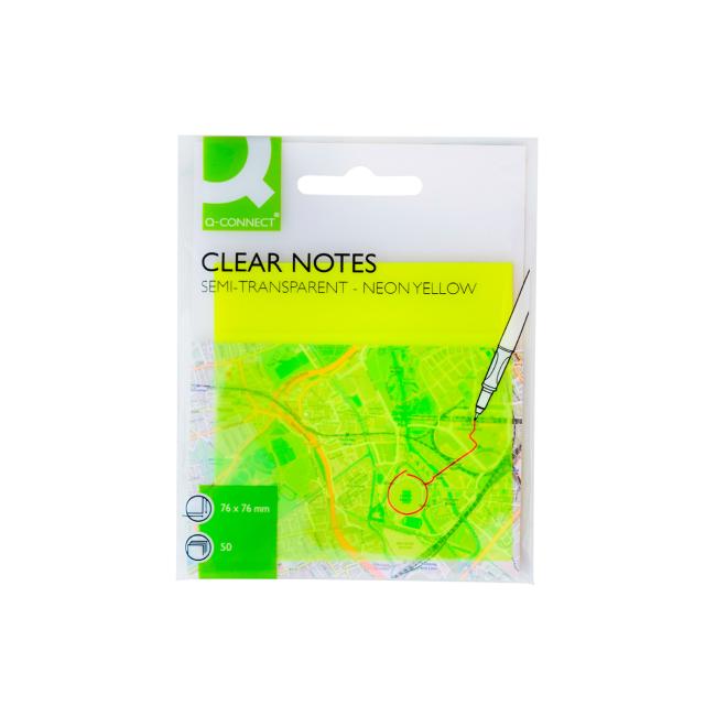 Selbstklebender Notizblock Q-CONNECT, transparent, gelb, 76 x 76 mm, 50 Blatt