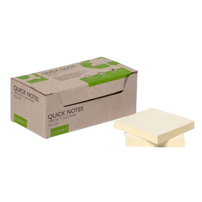 Selbstklebende Notizzettel Q-CONNECT, recycelt, 76 x 76 mm, gelb, 12 Stück