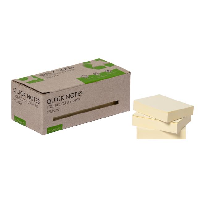 [QC017323] Selbstklebende Notizzettel Q-CONNECT, recycelt, 38 x 51 mm, gelb, 12 Stück
