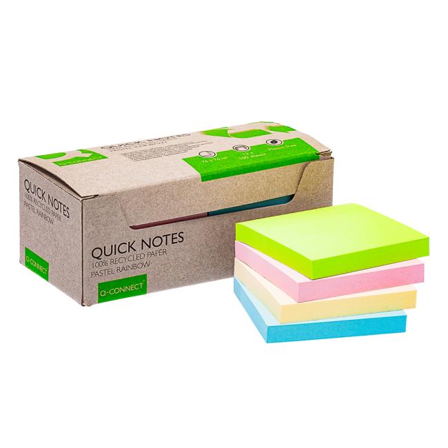 Selbstklebende Notizzettel Q-CONNECT, recycelt, 76 x 76 mm, Regenbogen, 12 Stück
