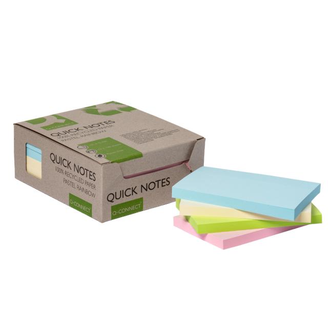 Selbstklebende Notizzettel Q-CONNECT, recycelt, 127 x 76 mm, Regenbogenfarben, 12 Stück