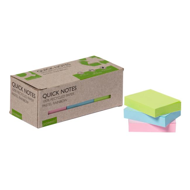 Selbstklebende Notizzettel Q-CONNECT, recycelt, 38 x 51 mm, Regenbogenfarben, 12 Stück