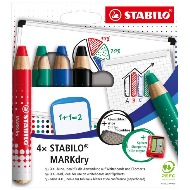 [ST064845] STABILO MARKdry Whiteboard- und Flipchart-Set 4f mit Anspitzer und Tuch
