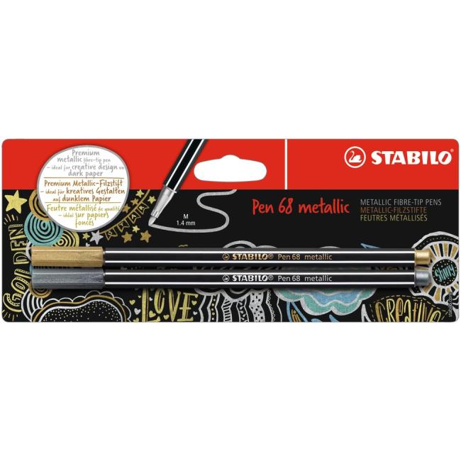 STABILO Stift 68 Marker, 2 Stück in Blisterverpackung, metallisch silber-gold
