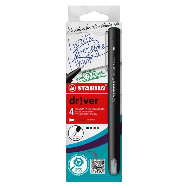 Set mit STABILO dr!ver Finelinern – fein – 4 Stück, grün, rot, blau, schwarz