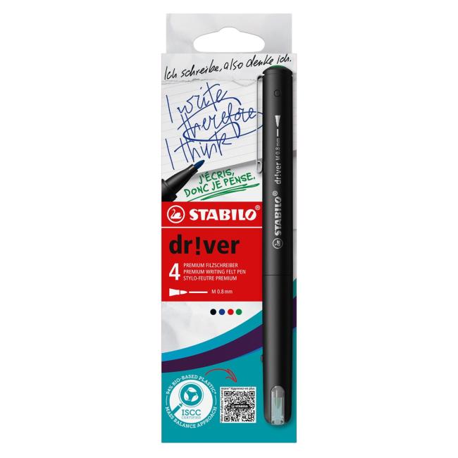 STABILO dr!ver Schreibliner-Set – mittel – 4 Stück, grün, rot, blau, schwarz