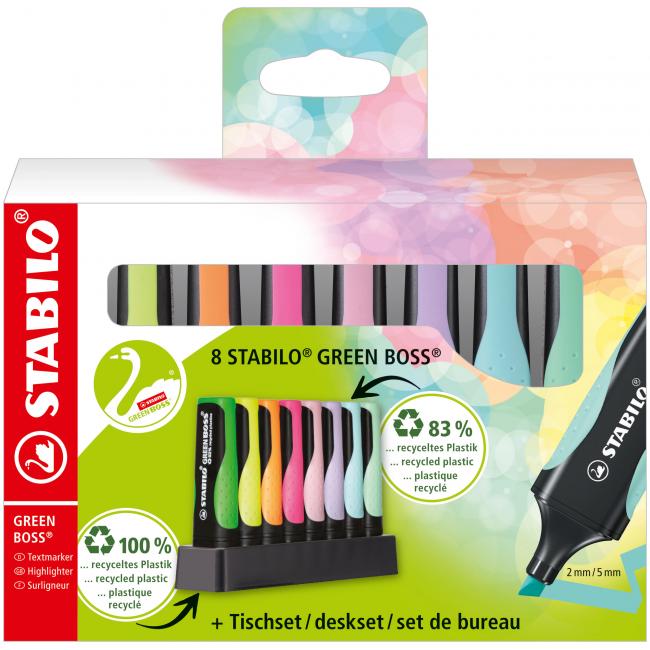 STABILO GREEN BOSS 8S Textmarker-Set mit 4 verschiedenen Pastell- und Neonfarben