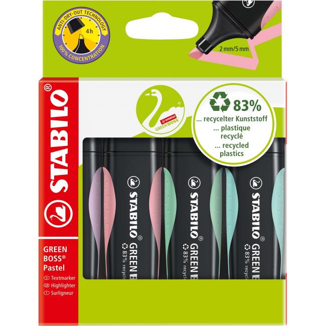 STABILO GREEN BOSS Pastell-Textmarker-Set, 4er-Pack, Pastellgrün, Rosa, Türkis und Lila
