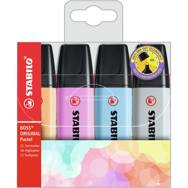 STABILO BOSS ORIGINAL Pastell 4S Textmarker-Set Pastellorange, Frisches Blau, Fuchsia, Grau