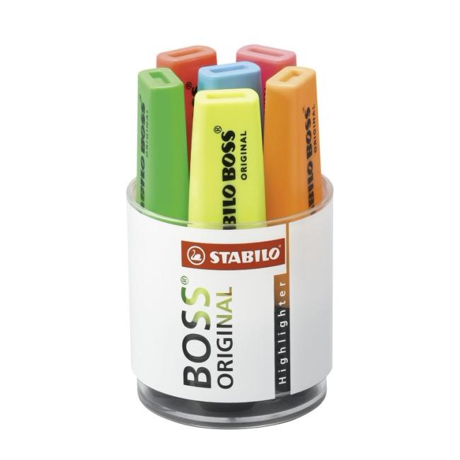 STABILO BOSS ORIGINAL Textmarker-Set, 6-teilig, Glasbehälter, gelb, grün, orange, rot, pink, blau
