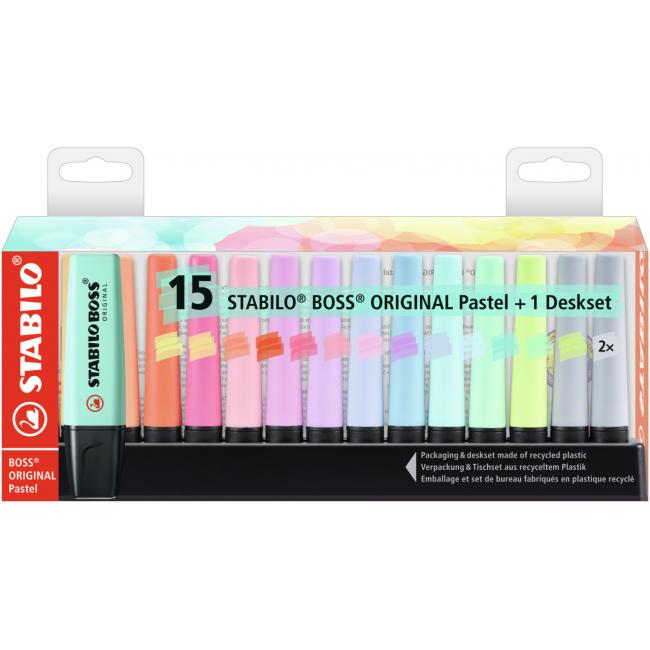 [ST701502] STABILO BOSS ORIGINAL Pastell-Textmarker-Set, 15-teilig. Schreibtischset mit 14 verschiedenen Farben