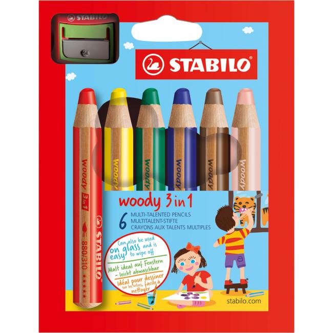 STABILO Woody 3-in-1-Buntstifte, 6er-Set, im Karton mit Anspitzer