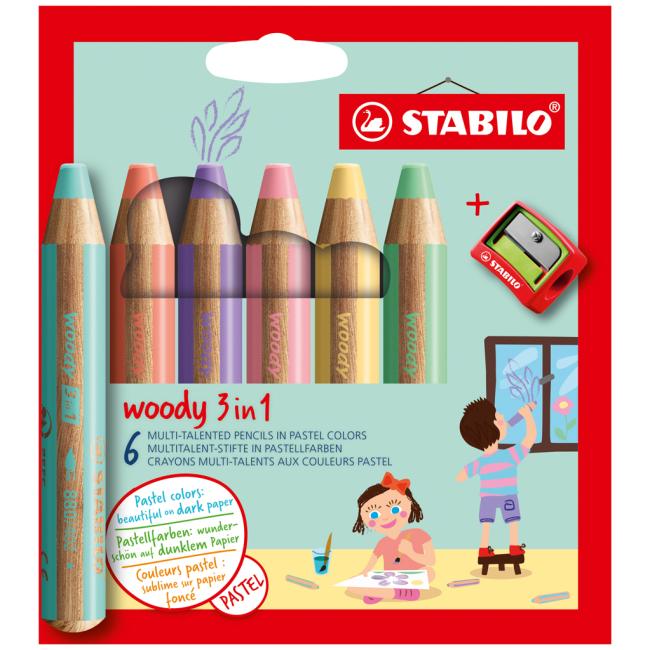 STABILO Woody 3-in-1 Pastellkreiden, 6er-Set, in Kartonverpackung mit Anspitzer