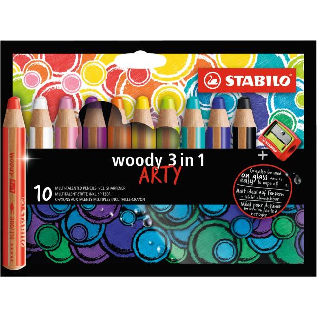 STABILO Woody 3-in-1 Buntstifte, 10 Stück mit Anspitzer, Modell 'ARTY'