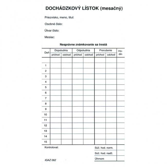 Monatliche Anwesenheitsliste (Karton)