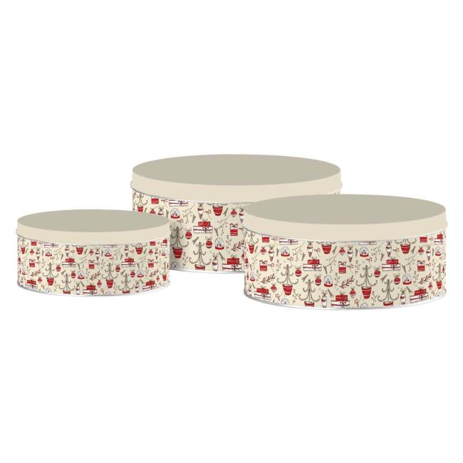 3er-Set Blechdosen, rund, 200 x 90 mm, Weihnachtsmotiv, farbenfroh