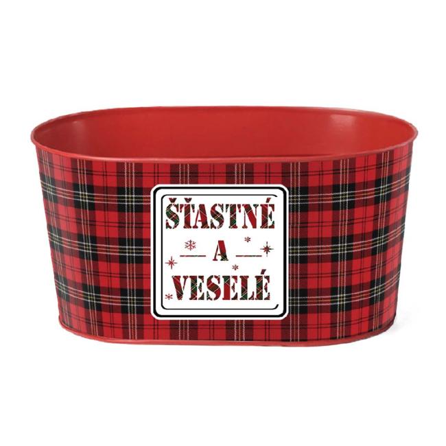 Metallblumentopf, oval, 225 x 110 mm, „Fröhlich und fröhlich“, rot, schwarz, grün