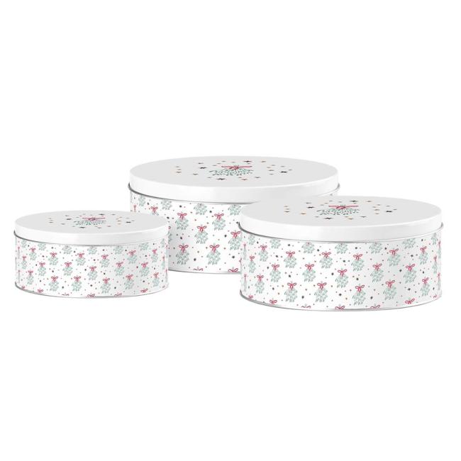 [XM039808] Blechdose, 3er-Set, rund, 200x90/185x80/140x65 mm, IMELO MAGIC, weiß, blau