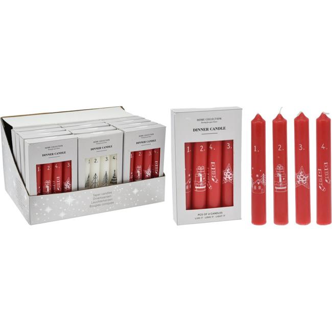Adventskerzen-Set für Zuhause, 4 Stück, 215 x 160 mm, Weihnachtsmotiv-Kalendermix, rot, weiß