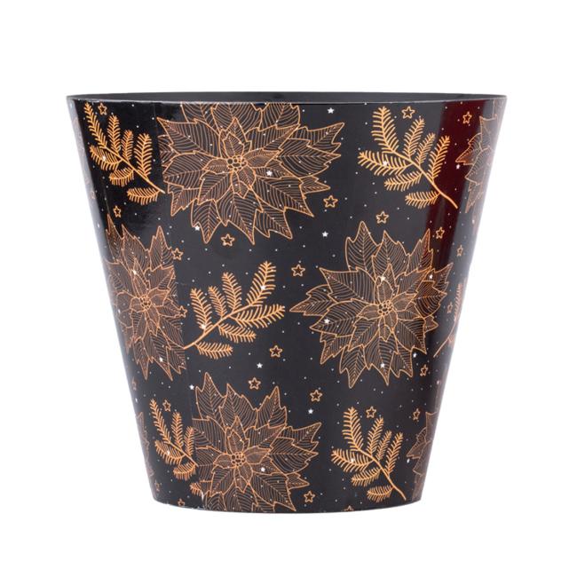 Großer Kunststoffblumentopf (210 x 130 x 197 mm) mit Kranzmotiv im Inneren. Sterne, schwarz, gold