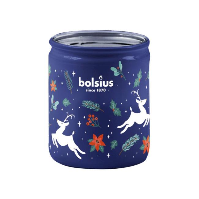 [XM044190] Bolsius Glass 68x80mm Duftkerze mit Rentier- und Stechpalmenmotiv
