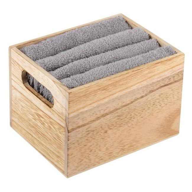 Holzgeschenkbox mit 4 grauen Handtüchern