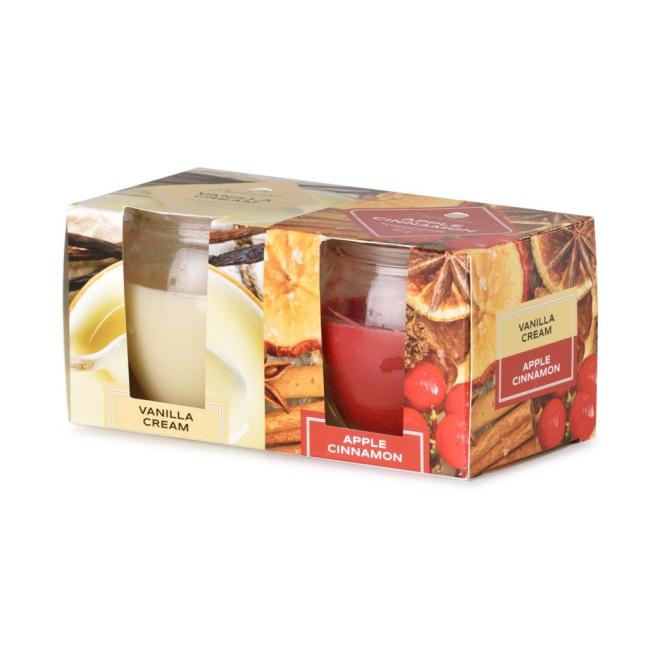 [XM334772] Emocio Glass Duftkerze Vanillecreme & Apfel-Zimt, 2 Stück in einer Schachtel, 65 x 63 mm