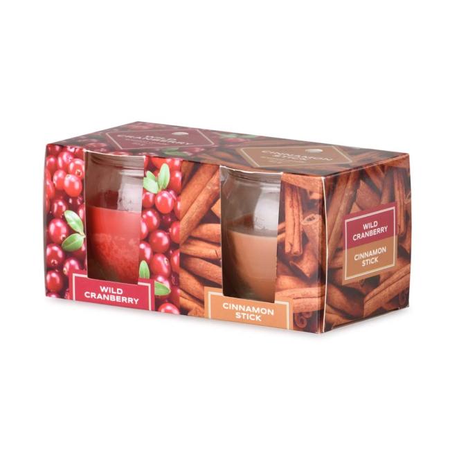 Emocio Glass Duftkerze „Wild Cranberry & Cinnamon Stick“, 2 Stück in einer Schachtel, 65 x 63 mm