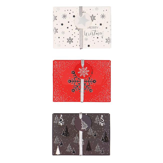 [XX400228] Weihnachtliche Geschenkbox aus Papier mit Gummiband, 112 x 80 mm, verschiedene graue und rote Motive, 3 Stück